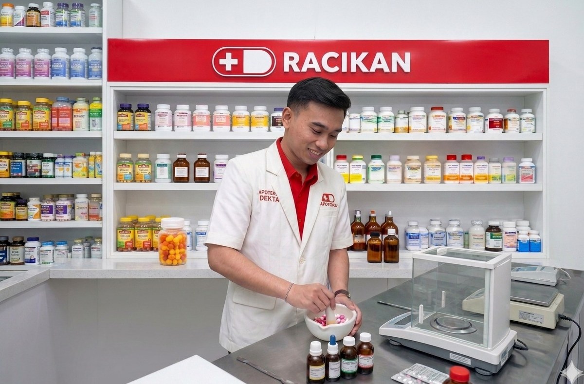 Apotekku pharmacist compounding medicine under RACIKAN section