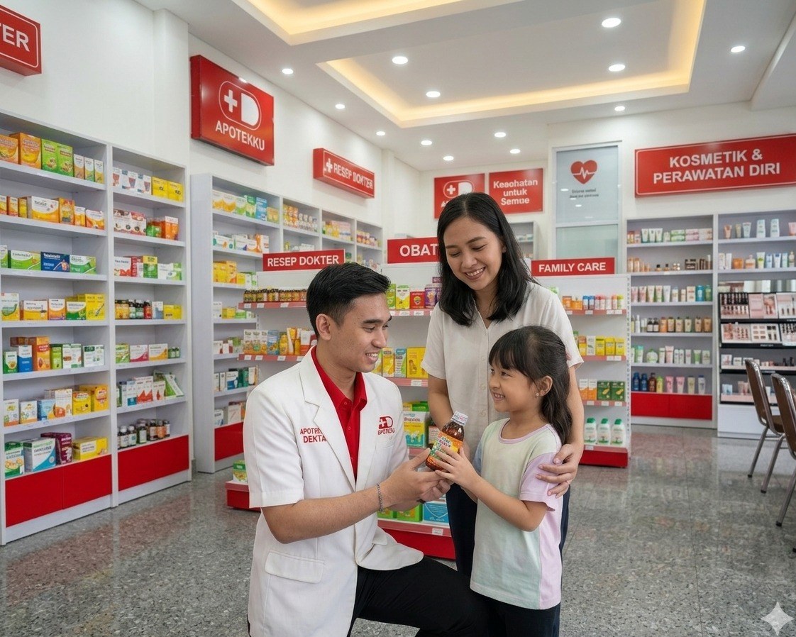 Apotekku pharmacist with mother and child