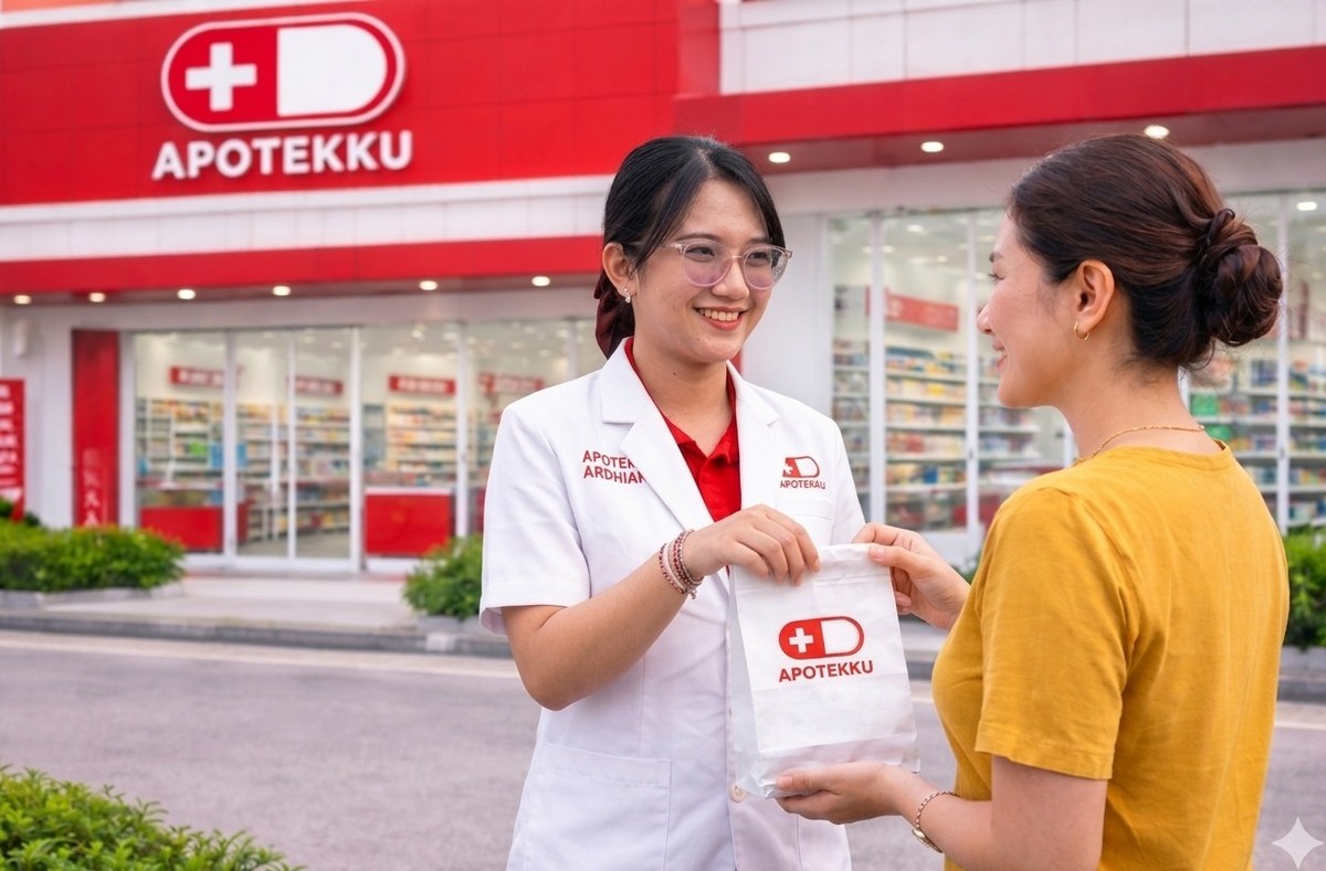 Apotekku pharmacist handing branded medicine bag to customer outside the pharmacy