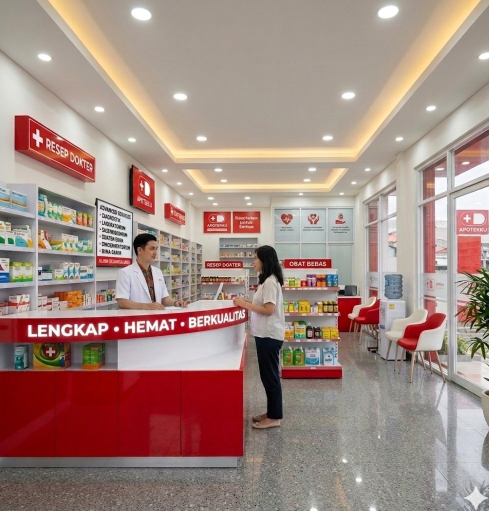 Apotekku pharmacy interior with Complete Affordable Quality counter
